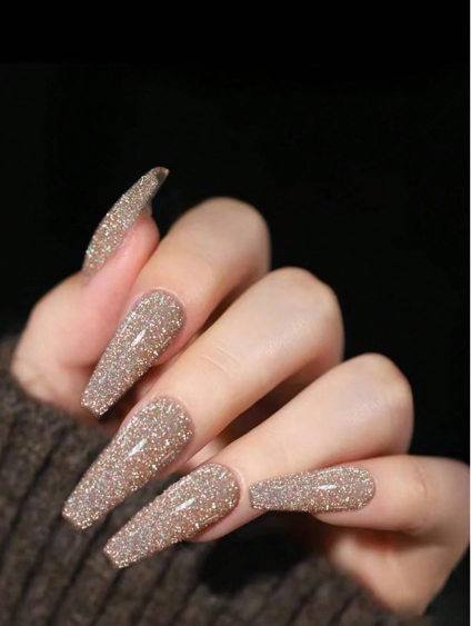 Shein Coffin Shaped Nail Tips, Non-Shedding Glitter, Full Cover False Nails Set +