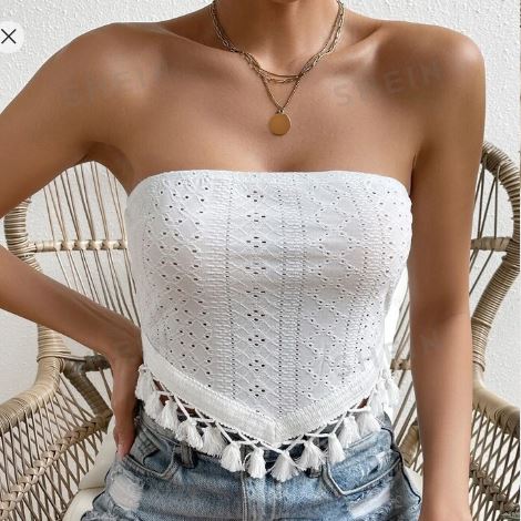 Shein Eyelet Embroidery Tassel Trim Bandana Hem Crop Tube Top, M /