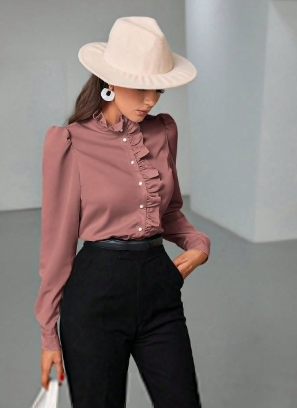 Shein Ruffle Trim Puff Sleeve Blouse Women Shirt, XXL +