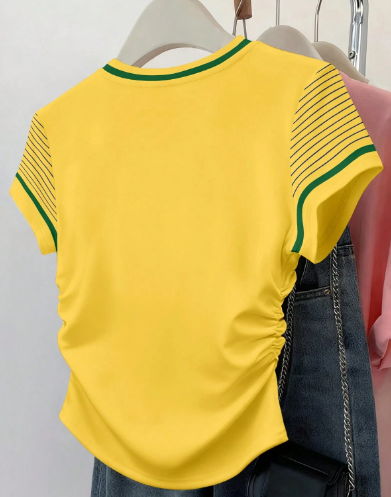 Shein Waist Cinched Short Sleeve Fitted Ruched Waist Top Brazil Print Graphic -.