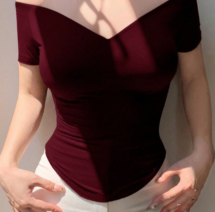 Shein Off-Shoulder Sexy Fitted Solid Color Short Sleeve Women T-Shirt >