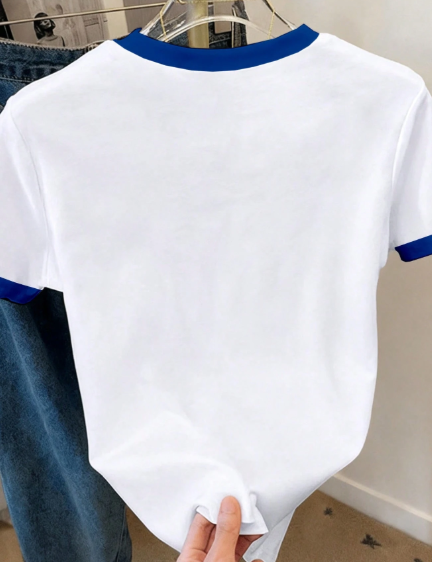 Shein Women's Contrast Color Letter Print Round Neck Short Sleeve T-Shirt >