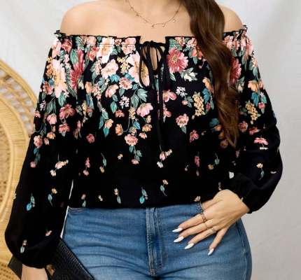 Shein Plus Size Women Floral Print Off Shoulder Curved Neck Elastic Cuff Blouse +