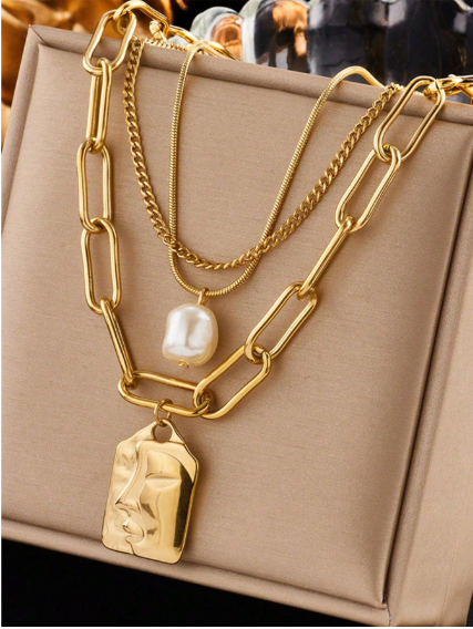 Shein 1 pc Three-Layer Vintage Fashionable and Unique High-End Multi-Layered Face Pendant Stainless Steel Necklace>