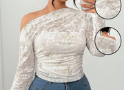 Shein Plus Size Women Elegant Floral Print Elastic Lace Shoulder T-Shirt, 4XL -.