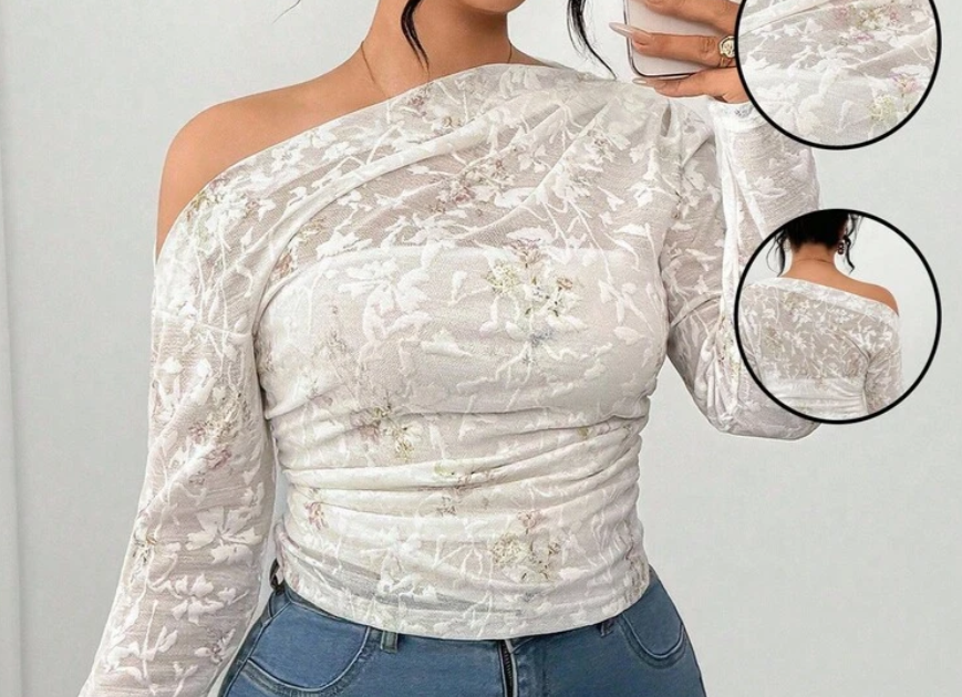 Shein Plus Size Women Elegant Floral Print Elastic Lace Shoulder T-Shirt, 4XL -.