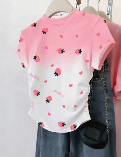 Shein Women's Casual Strawberry Heart Letter Print Ombre Ruffle Sleeve T-Shirt, S -.