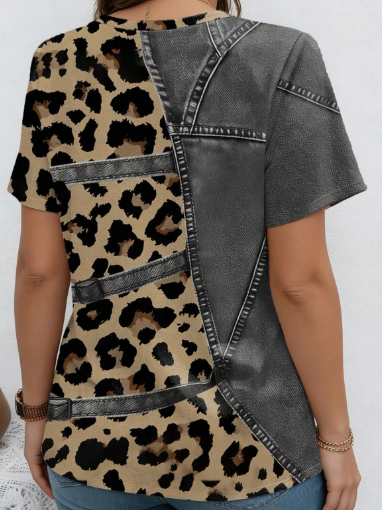 Shein Printed Vintage Patchwork Leopard Pattern V-Neck Short Sleeve Casual Plus Size T-Shirt>
