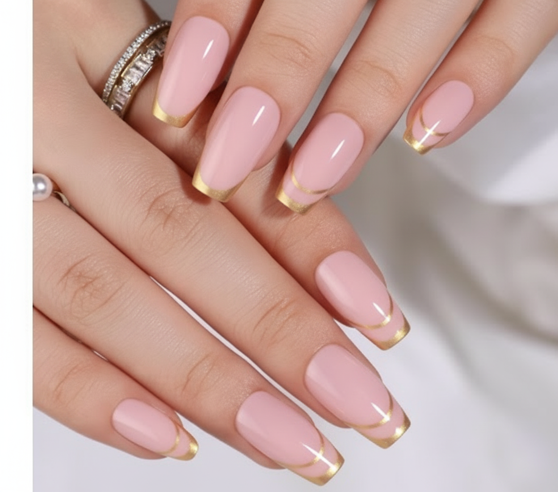 Shein Gold Double French Tips Press-on Nails: Medium Square Shape>