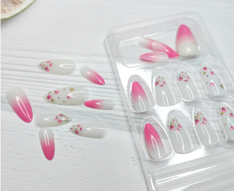 Shein Flower Press on Nails Medium Almond Fake Nails Gradient Pink +