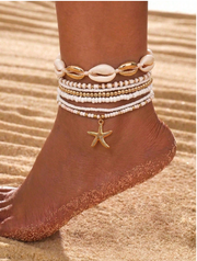 Shein 7pcs Bohemian Style Beachy Sea Star, Shell And Rice Bead Elastic Anklet Set >