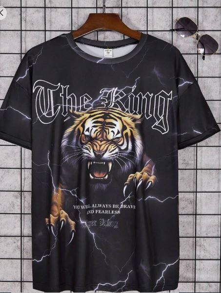 Shein Teenage Boys' Tiger Print Slogan Round Neck T-Shirt, 16T +