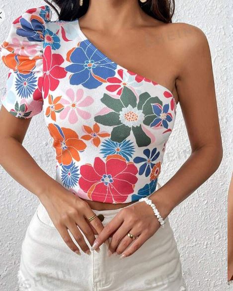 Shein Vacation One Shoulder Bubble Sleeve Floral Print Women Top /