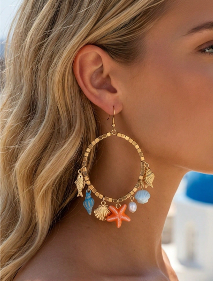 Shein 2pcs Vacation Style Starfish, Seashell, Seahorse Earrings >
