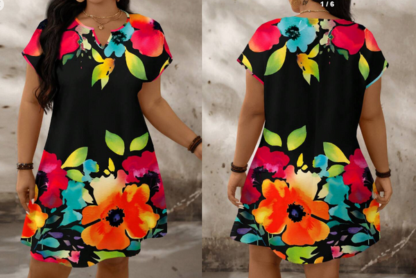 Shein Plus Size Floral Notch V-Neck Batwing Sleeve Summer Dress, 0XL +