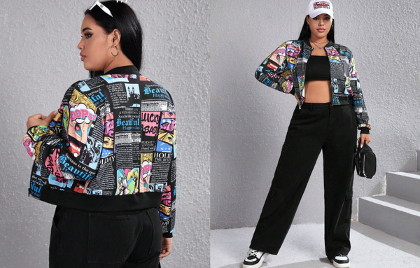 Shein Plus Figure & Slogan Graphic Drop Shoulder Bomber Jacket, 1XL +