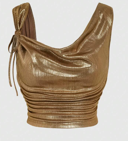 Shein Women Fashionable Solid Metallic Sleeveless Ruched Top, L +