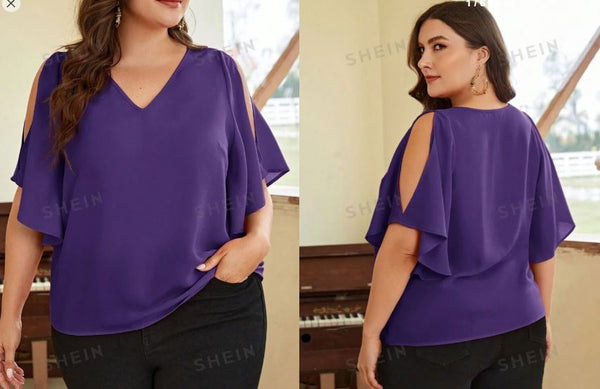 Shein Plus Size Women's Solid V-Neck Open Shoulder Loose Casual Blouse, 3XL /