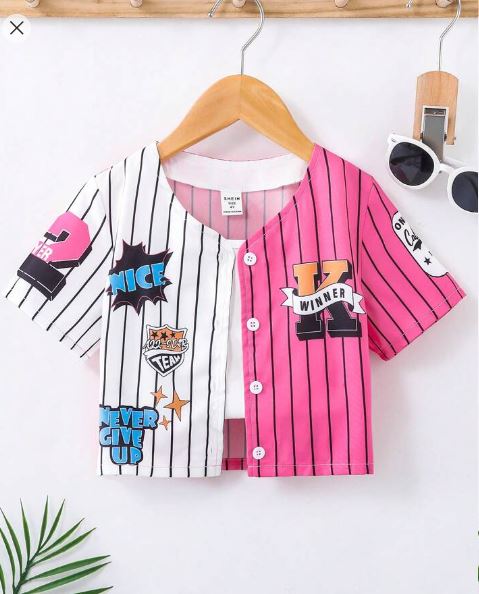 Shein Young Girl Cool Street-Style Graffiti & Stripe Baseball Shirt, 6T +