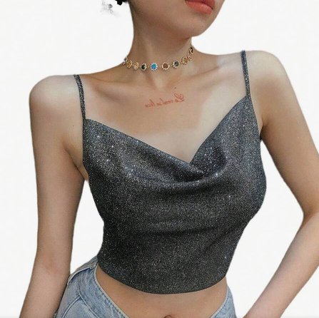 Shein Crop Top Black Shiny Spaghetti Straps Low Cut V-Neck Form-Fitting Tank Top, L +