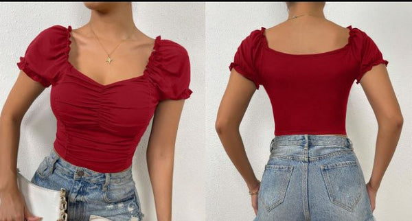 Shein Sweetheart Neck Ruched Frill Trim Puff Sleeve Tee, L +