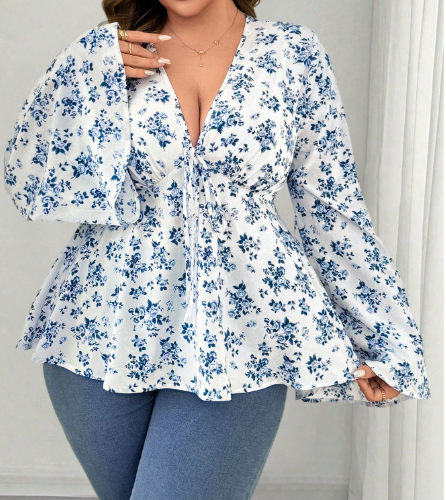 Shein V-Neck Bowknot Blue Ditsy Floral Blouse, S +