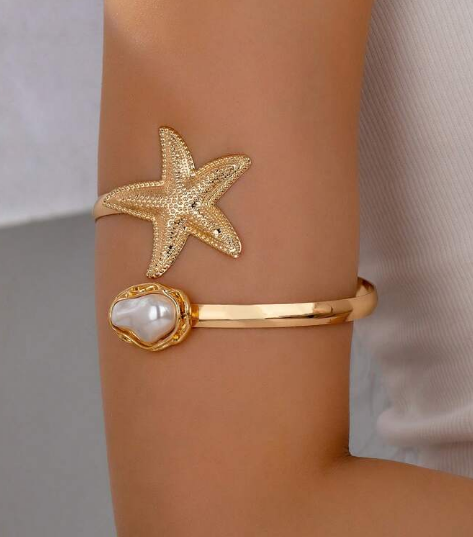 Shein 1pc Fashionable Asymmetric Pearl & Starfish Openwork Bracelet +