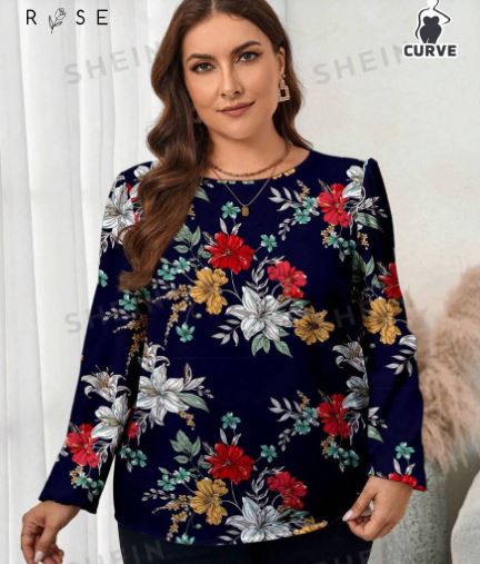 Shein Elegant Casual Floral Print Loose Fit Long Sleeve Blouse, XXL /