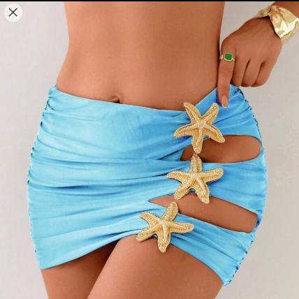 Shein Swim Ladies' Fitted Sexy Pleated Starfish Jewelry Beach Cover Shirt Skirt, L +