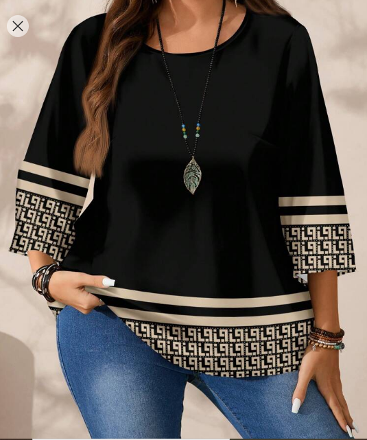 Shein Plus Size Casual All-Over Print Loose Fit Round Neck 3/4 Sleeve Shirt +