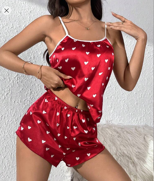 Shein Heart Print Contrast Binding Satin PJ Set, S +