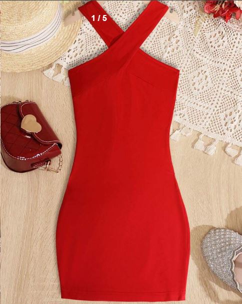 Shein Tween Girl Solid Halter Neck Fitted Dress, 11-12T