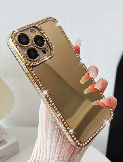 Gold Mirror Rhinestone Border Sparkly Sequin Laser Engraved Mirror Effect 1pc Phone Case>