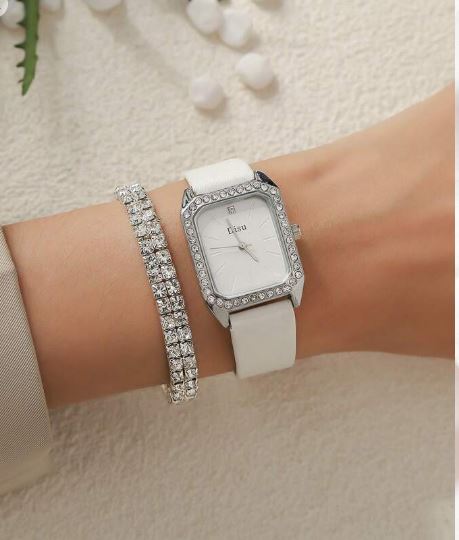 Shein Stylish White Watch Band Plus A Double Row Diamante Bracelet */