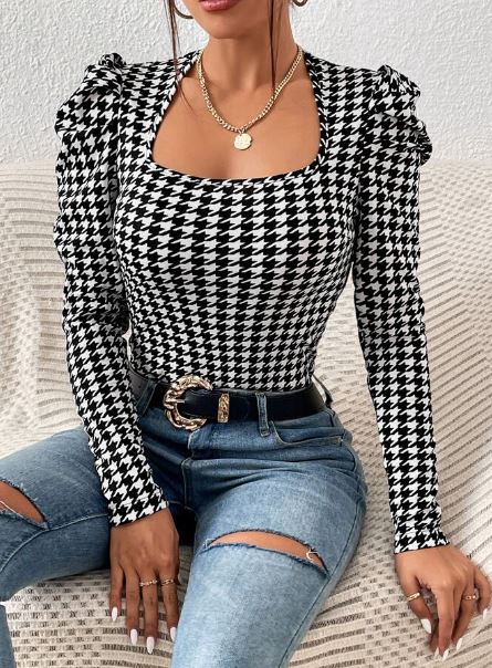 Shein Houndstooth Print Gigot Sleeve Square Neck Tee, L */