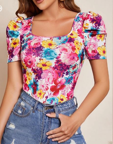 Shein Allover Floral Print Puff Sleeve Tee /