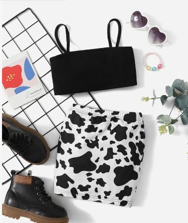 Shein Baby Solid Cami Top & Cow Print Skirt, 9-12M +