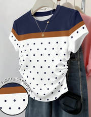 Shein Women's Waist Cinched Short Sleeve Fitted Ruched Waist Top Polka Dot Print, L>