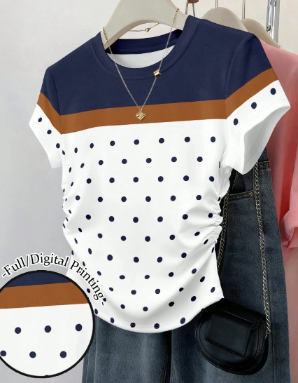 Shein Women's Waist Cinched Short Sleeve Fitted Ruched Waist Top Polka Dot Print, L>