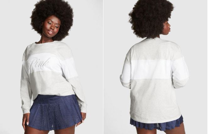 PINK Oversized Cotton Long-Sleeve T-Shirt, M -.