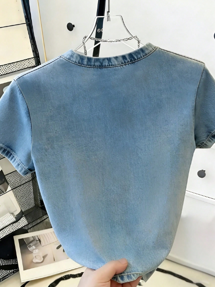 Shein Casual Denim Effect Print Short Sleeve T-Shirt, L>
