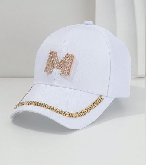 Shein Solid Color Sparkling Stripes Letter "M" Embellished Baseball Cap /