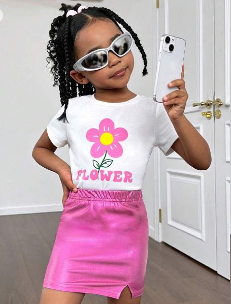 Shein Girls' Casual Round Neck Short Sleeve Top & Split Hem Skirt, 6T +