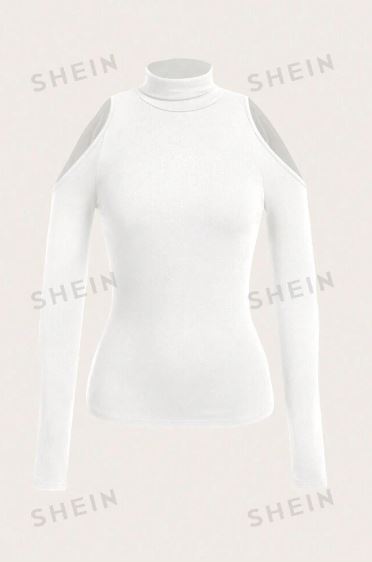 Shein Cut-Out Shoulder Leopard Print English Letter Graphic Tight High Neck T-Shirt, L >