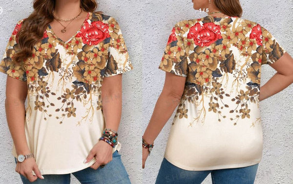 Shein Women's Plus Size Spring Vintage Flower Print Short Sleeve Fit T-Shirt /