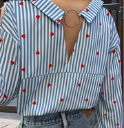 Shein Women's Heart-Striped Drop Shoulder Long Sleeve Blouse, L>