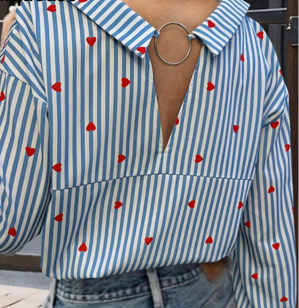 Shein Women's Heart-Striped Drop Shoulder Long Sleeve Blouse, L>