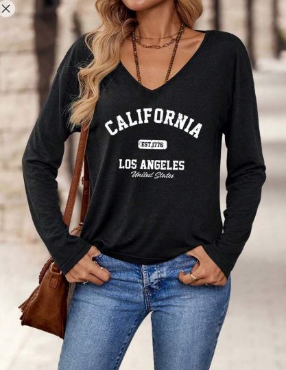 Shein Plus Size California Text Graphic V-Neck Loose Fit Long Sleeve T-Shirt, 0XL /