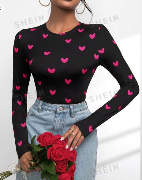 Shein Women's Valentine's Day Love Heart Print Slim Fit T-Shirt /