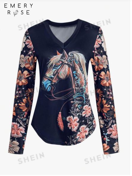 Shein Horse & Floral Print V-Neck Long Sleeve Curved Hem Slim Fit T-Shirt, XL /